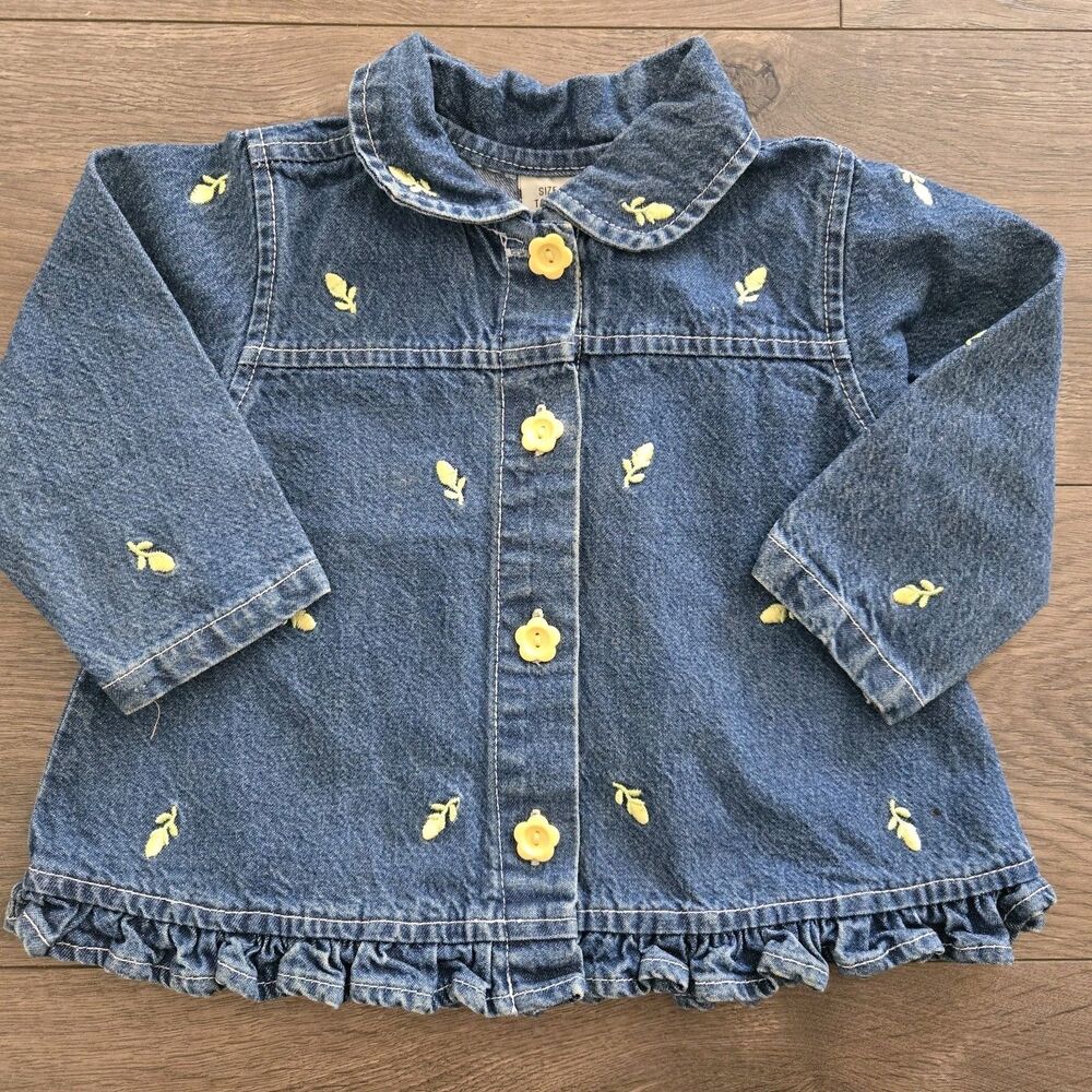 Vintage 18M Embroidered Denim Jacket Yellow Flower Buttons Ruffle Hem RN 16435